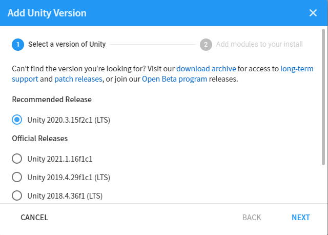 Unity version select